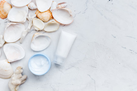 spa organic cosmetics, cream, lotion with Dead Sea minerals on marble background flat lay space for textの写真素材