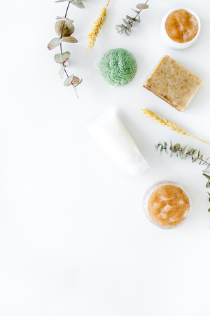 Organic set for spa. Natural herbal cosmetics with wheat on white background top view space for textの写真素材