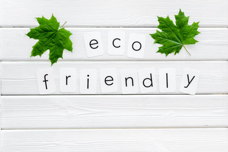 Eco friendly copy with green maple leaves for ecology concept on white wooden background top view.