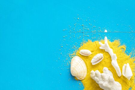 Summer design. Shells on sand for seaside background for blog or desktop on blue table top view...