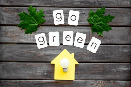 Ecology friendly. Go green text with house toy, lamp, green maple leaves on white background top viewの写真素材