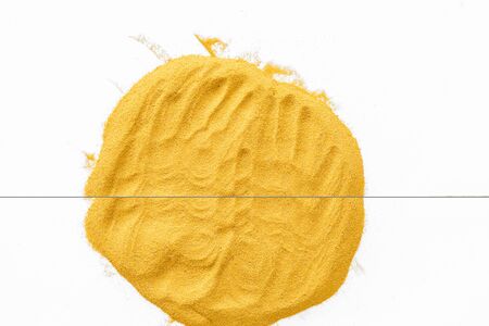 Modern design for blor with yellow sand texture on white background top view