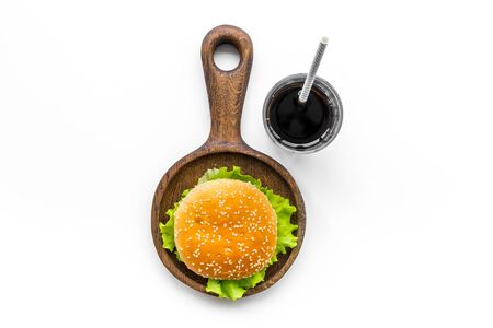 USA cuisine. Burger and drink for national American kitchen concept on white background top viewの写真素材