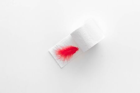 Disease of colon. Proctology concept with toilet paper roll and red feather on white background top viewの写真素材