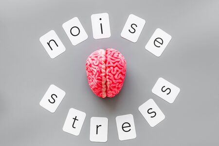 Stress and noise text with brain for psychological health in office concept on gray background top view.の写真素材