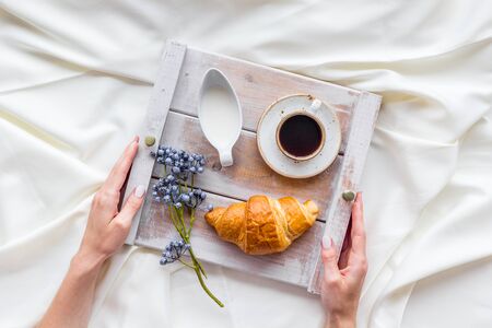 Breakfast in bed with croissant, coffee in cup with milk on tray on white bed background top viewの写真素材