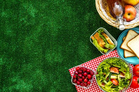 Picnic in summer with products, sandwich, salad, fruits, drink on green grass texture background top view mockupの写真素材