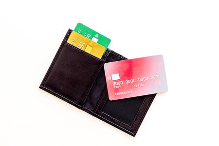 Business with credit cards and wallet on office desk white background top view.の写真素材