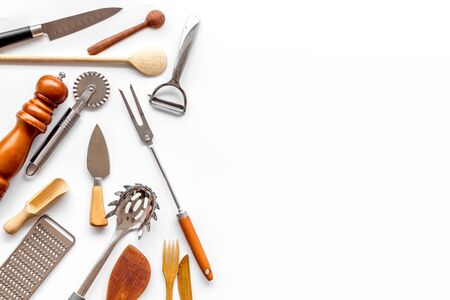 Chef work desk. Cookware mockup on white background top viewの写真素材