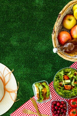 picnic in summer with products, sandwich, salad, fruits, drink and hat on green grass texture background top view mockupの写真素材