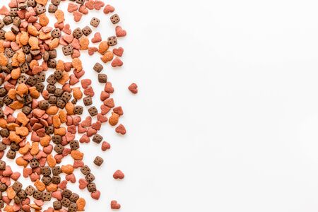 Feeding dog or cat with dry food for pet pattern on white background top view mock-upの写真素材