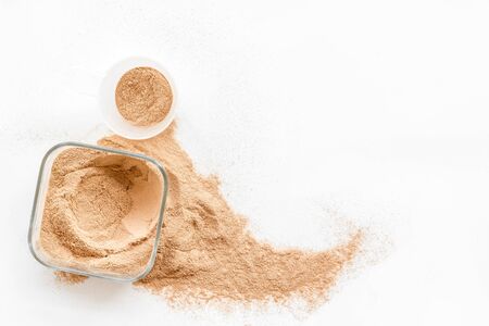 protein powder for fitness nutrition on white background top view mock-upの写真素材