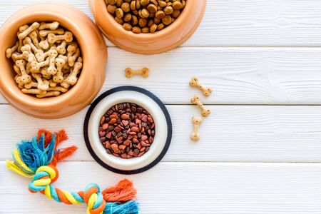 Dry dog food in bowl and tools for grooming on white wooden background top view space for textの写真素材