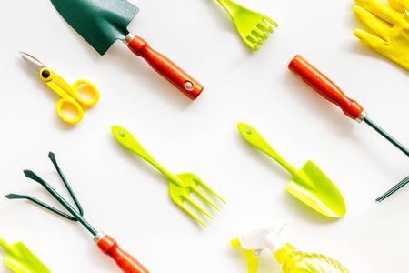 Instruments for gardener on white background top view patternの写真素材