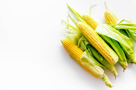Fresh corn as farm food on white background top view space for textの写真素材