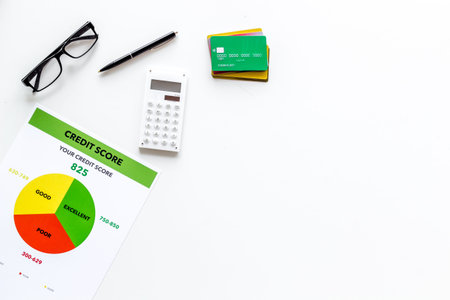 credit score with credit cards and calculator, glasses on banker work place white background top view mock up