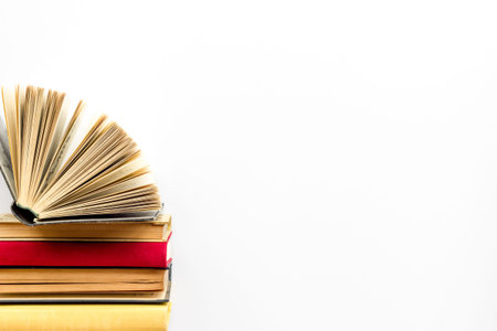 Books on library desk for reading and education on white background top view mockup