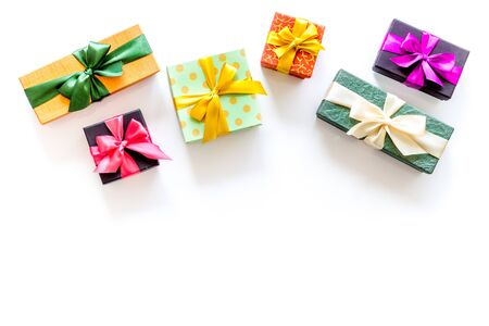 presents in boxes frame on white background top view copyspaceの写真素材