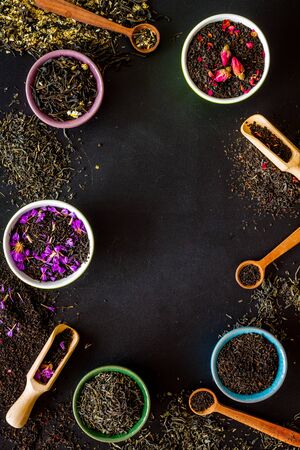 different tea for brew frame on black background top view space for textの写真素材