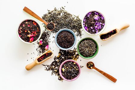 different tea for brew on white background top viewの写真素材