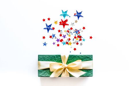 present in box with confetti on white background top view mock-upの写真素材