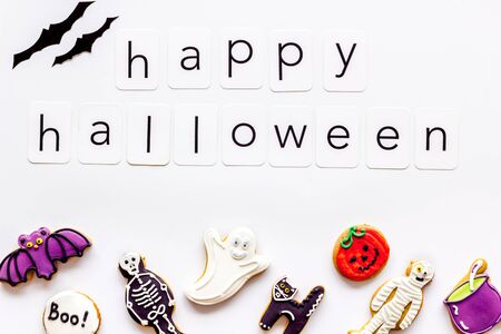 Frame from halloween figures around happy halloween copy on white background top viewの写真素材