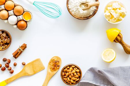 Baking frame with flour, eggs and other ingredients top view.の写真素材