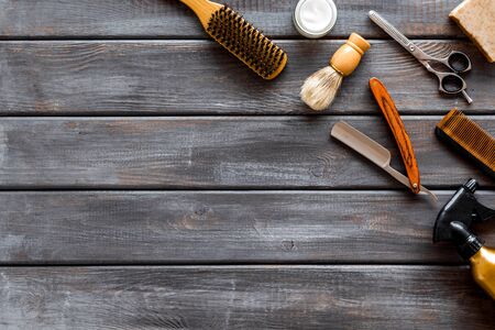 Men's shaving accessories on dark wooden background top view space for textの写真素材