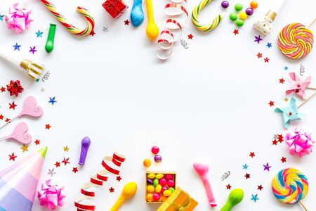 party time frame with decorations on white background top view mock upの写真素材