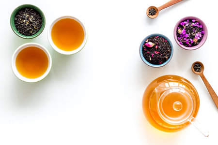 Tea ceremony frame with leaves and brew on white background top view copyspaceの写真素材