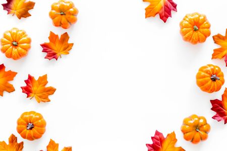 Autumn background with leaves and pumpkins on white top view copy space frameの写真素材