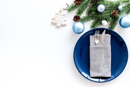 2020 year celebration with table setting on white background top view mock upの写真素材