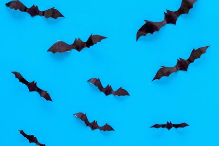 Halloween background with bats on blue table top viewの写真素材