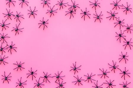 Minimalistic Halloween frame with small spiders on pink background top view.の写真素材
