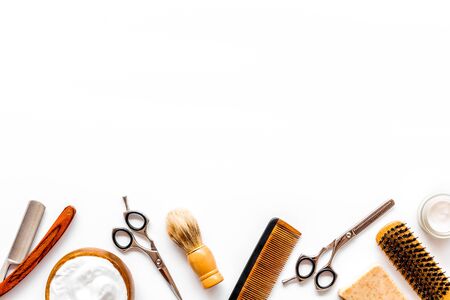 Barbershop concept. Hairdressing tools top viewの写真素材