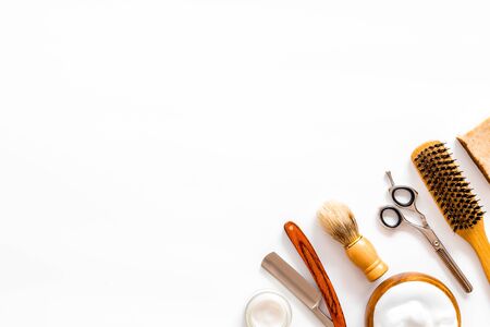 Mens shaving accessories on white background top view copy spaceの写真素材