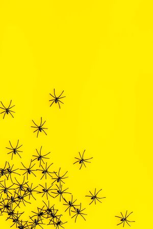 Minimalistic Halloween frame with small spiders on yellow background top view space for textの写真素材