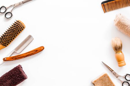 Mens hairdressing tools on white background top view copy spaceの写真素材