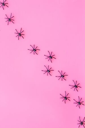 Halloween decoration with spiders on pink background top view copy spaceの写真素材
