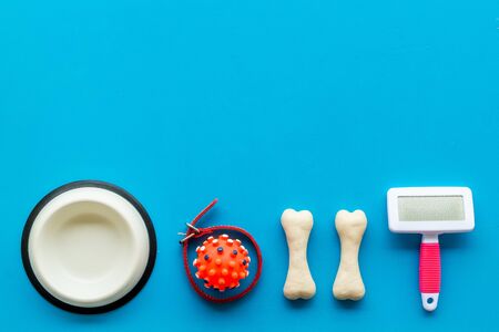 Pets accessories like bones, collar and bowl on blue background top view flat lay copy spaceの写真素材