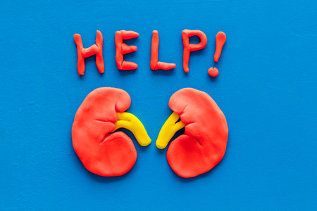 Kidney illness and treatment. Word help and organ on blue background top view.