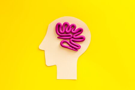 Brain work and studying. Plastiline meanders in head on yellow background top view.の写真素材
