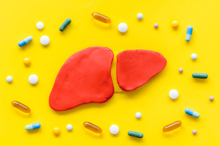 Liver diseases and treatment. Organ and pills on yellow background top view.