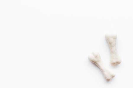 Treats for dogs. Chewing bones on white  top view copy space