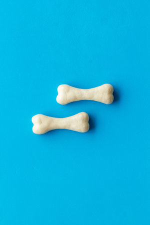 Treats for dogs. Chewing bones on blue background top view space for text