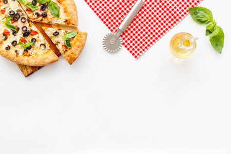 Homemade pizza on white background top view copy spaceの写真素材