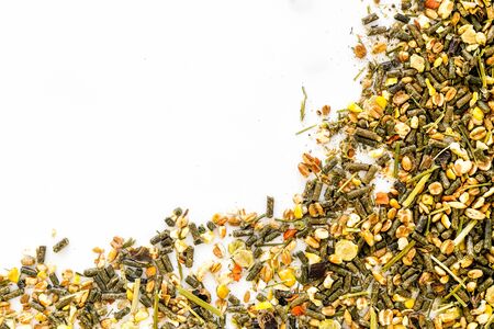 Pet food for rodents like rabbits, guinea pigs, hamsters on white background top view.の写真素材