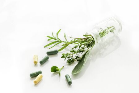 Herbal formulations for health care - herbs and drugs on white background copy spaceの写真素材