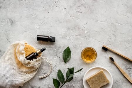 Self-care set based on essential oils on light grey background top view copy spaceの写真素材