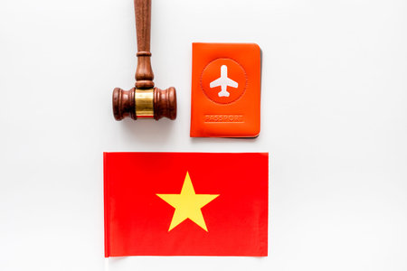 Vietnamese flag near passport and judge hammer on white background top-down